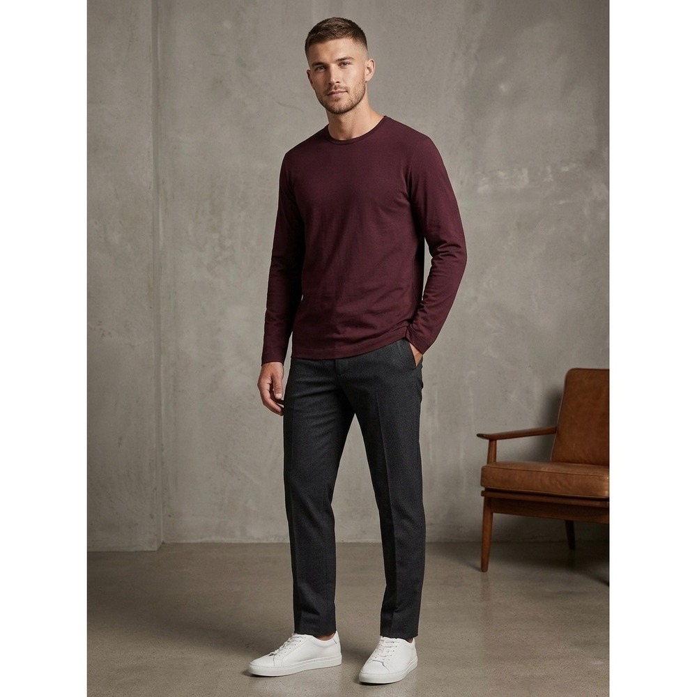 Theory Mens Long Sleeve Crewneck T-Shirt Burgundy Maroon Size L Made in Peru